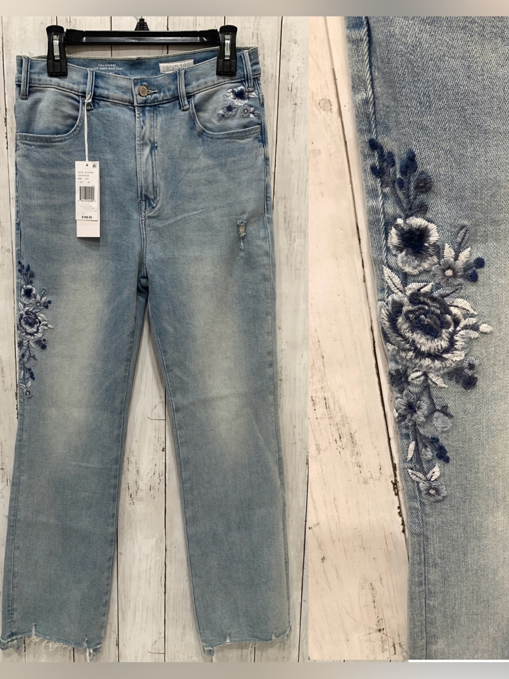 Karyn Seo Embroidered Floral Raw Hem Straight Leg Ankle Jeans High Rise Sz 12/31